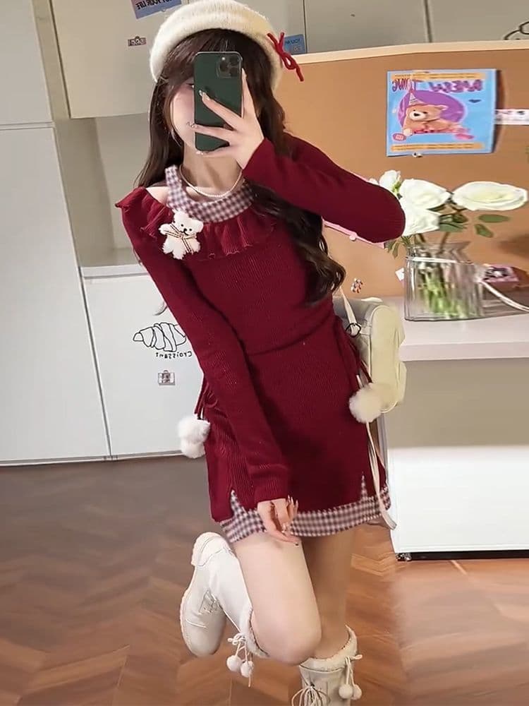 タイトワンピース リボン飾り付きニットワンピース
