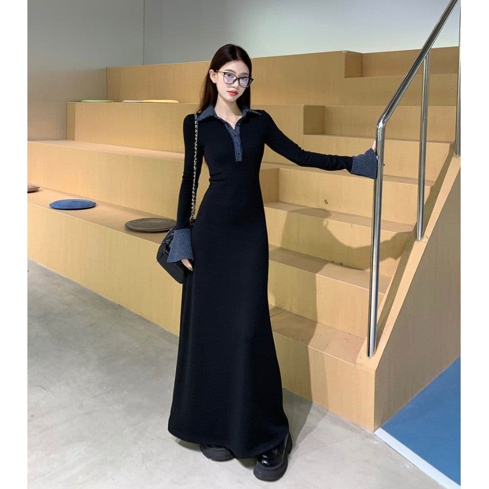 襟付きリブニットタイトワンピース